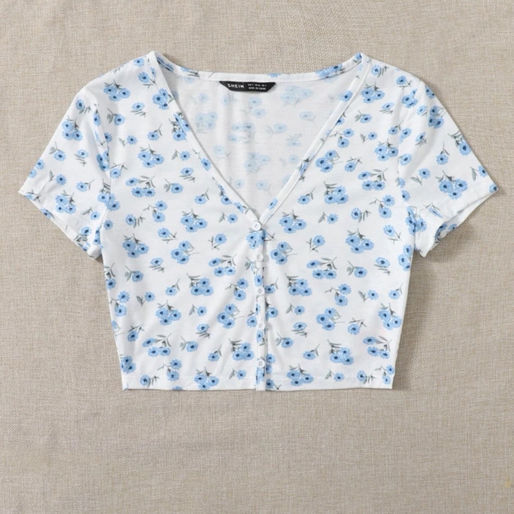 White with Blue Floral Print Button-Up Crop Top NWOT